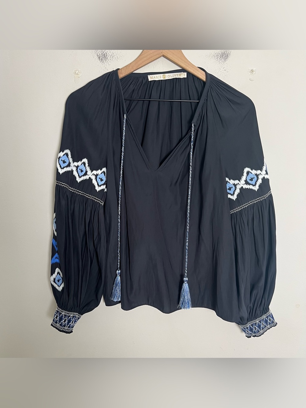 MARIE OLIVER- Popover Embroidered Long Sleeve Blouse Black Size S